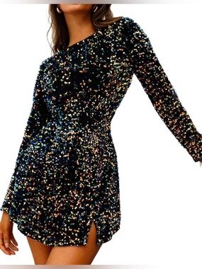 Black Multicolor Sequin Long-Sleeve Mini Dress